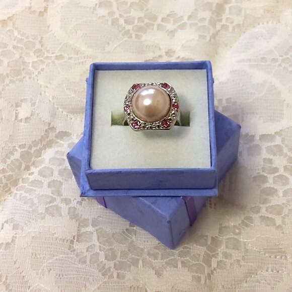 VTG Girls Women’s Pearl Pink Crystal Silver Tone Adjustable Vintage Ring - Picture 2 of 7